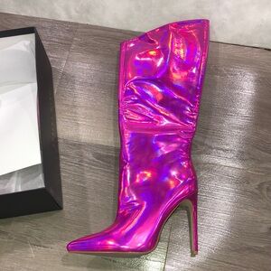 Azalea Wang Nova Holographic Pink Heeled Boots with Metallic Finish New